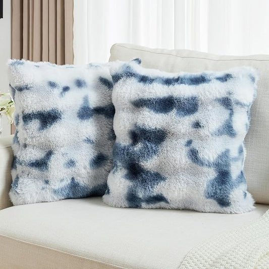 FUTEI Blue White Decorative Throw Pillow Covers 26x26 Inch Set of 2,Soft Fuzzy Faux Rabbit Fur Euro Pillow Shams with Raised Texture,Neutral Boho Home Decor for Couch Bed Living Room