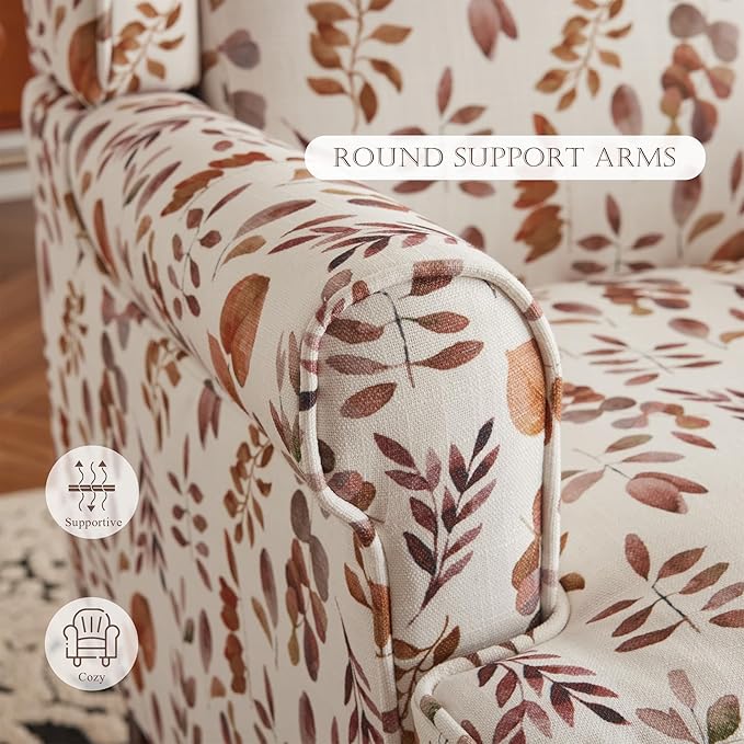 MELLCOM Floral Accent Chair, High Back Upholstered Armchair with Solid Legs, Leisure Single Sofa Chair for Living Room, Bedroom, Home Office, Orange Leaves
