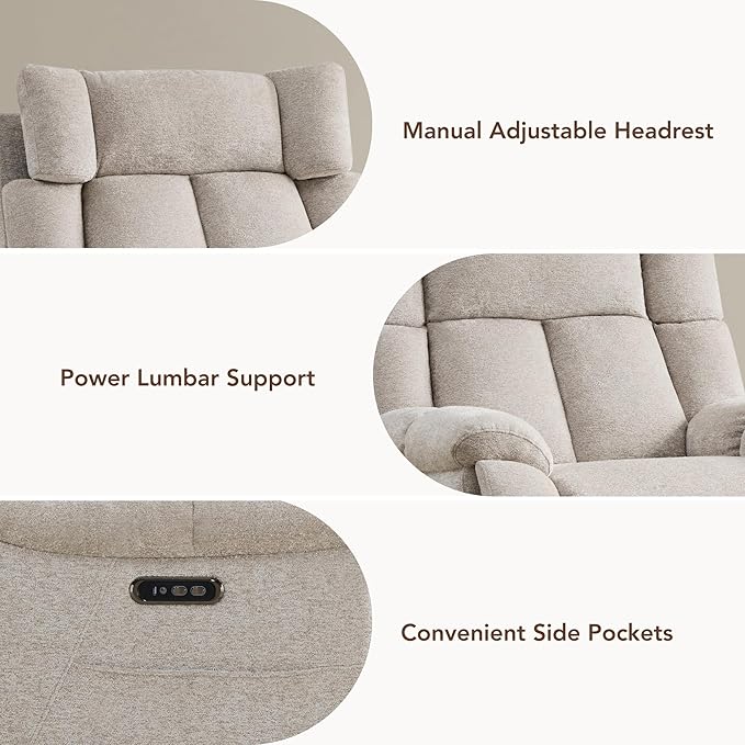 CHITA Oversized Power Recliner Chair with Bluetooth Speakers for Adults, Lay Flat Recliner with Power Lumbar Support, Manual Winged Headrest and USB & Type-C Charging Ports, Taupe