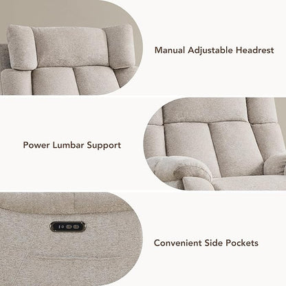 CHITA Oversized Power Recliner Chair with Bluetooth Speakers for Adults, Lay Flat Recliner with Power Lumbar Support, Manual Winged Headrest and USB & Type-C Charging Ports, Taupe
