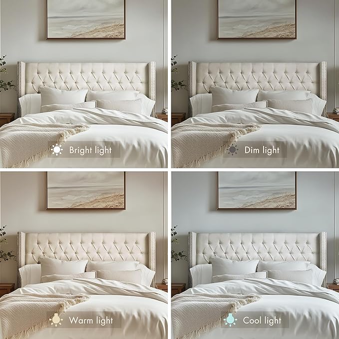 Madison Park Amelia Upholstered Headboard | Nail Head Trim Wingback Button Tufted | King, Cream