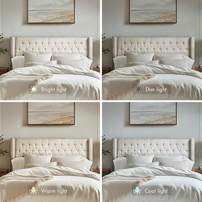 Madison Park Amelia Upholstered Headboard | Nail Head Trim Wingback Button Tufted | King, Cream