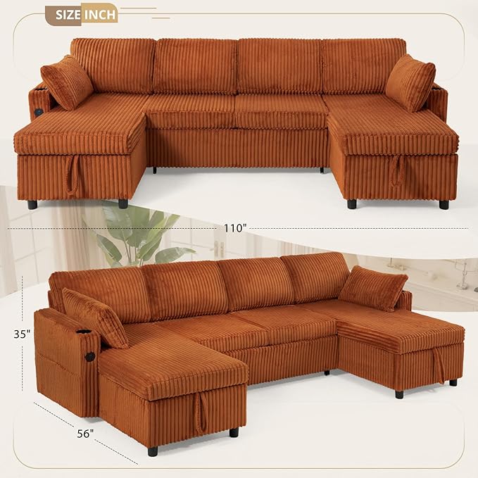 110" Corduroy Pull Out Sofa Bed w/Adjustable Backrests, Sectional U-Shape Sleeper Sofa w/Storage Chaise, Convertible Couch Bed w/USB Charging Port & Cup Holders for Living Room, House, Orange