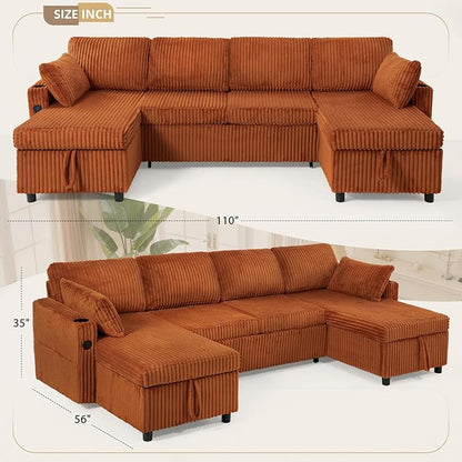 110" Corduroy Pull Out Sofa Bed w/Adjustable Backrests, Sectional U-Shape Sleeper Sofa w/Storage Chaise, Convertible Couch Bed w/USB Charging Port & Cup Holders for Living Room, House, Orange