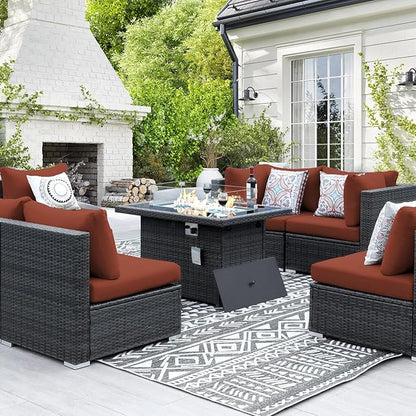 NICESOUL 9 Piece Large Patio Furniture Set with Fire Pit Table Propane/Natural Gas, 29.3'' High Back Wicker Outdoor Sectional Sofas, Wide Conversations for Heavy Weight, 2 Color Cushions Wine & Gray