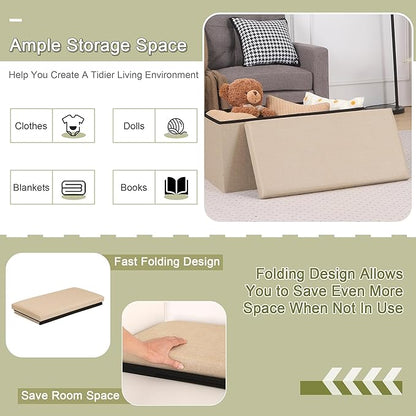VECELO 30'' Folding Storage Ottoman Bench, End of Bed Linen Fabric Foot Rest Stool with Padded Seat, Large Footstools for Bedroom, Living Room, Load 500 lb, Khaki