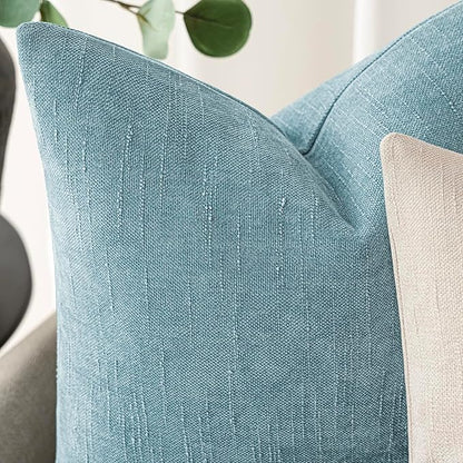 Foindtower Pack of 2 Textured Chenille Throw Decorative Pillow Covers Square Accent Solid Cushion Cover Neutral Farmhouse Pillow Case for Couch Sofa Bedroom Living Room 24x24 Inch,Light Blue