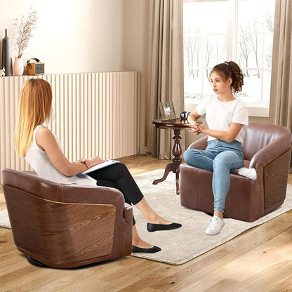 Genuine Leather Swivel Accent Chair Swivel Barrel Chair Comfortable Mid Century Modern Chair Upholstered Metal Base Armchair for Living Room Bedroom Office Large Vintage Brown