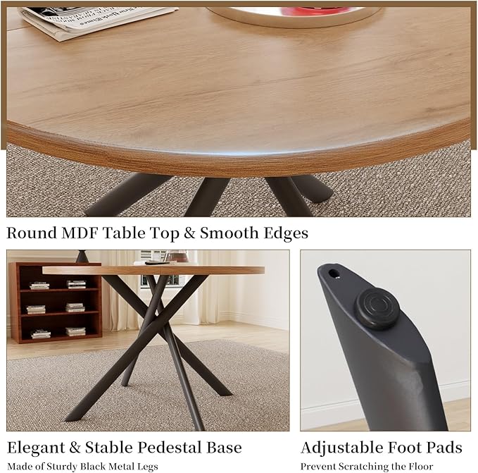 45.3 Inch Round Dining Table Set for 4, Mid Century Modern Small Kitchen Coffee Set for Dining Room Kitchen Apartment (Oak Table + 4 U-Shaped Brown Chairs)