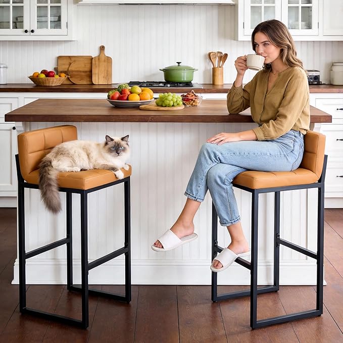 Bar Height Bar Stools Set of 2, Tall Counter Stool Barstools with Back, 30-inch Seat Height Island Stools Comfortable Bar Chairs for Kitchen Island (Caramel Brown, 2Pcs 30" Bar Stools)