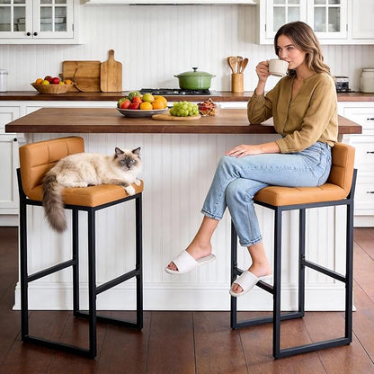 Bar Height Bar Stools Set of 2, Tall Counter Stool Barstools with Back, 30-inch Seat Height Island Stools Comfortable Bar Chairs for Kitchen Island (Caramel Brown, 2Pcs 30" Bar Stools)