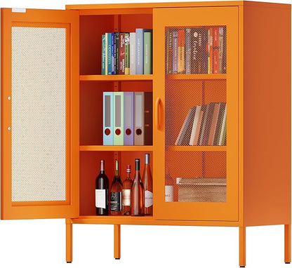 Orange Metal Storage Cabinet with Mesh Doors, Small Office Cabinet with 2 Adjustable Shelves, Accent Metal Locker Storage Cabinet for Home, Office, Living Room, Hallway
