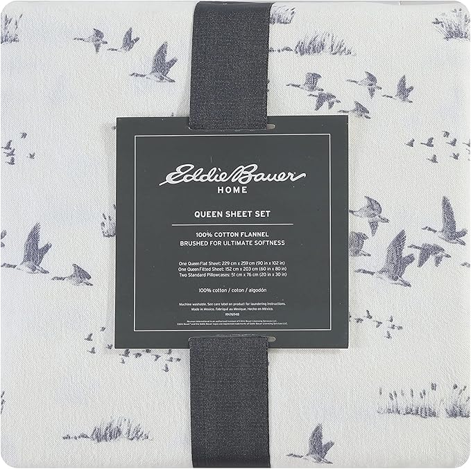 Eddie Bauer - Flannel Sheets King Size, Anti-Pilling & Wrinkle Resistant Cotton, Touchably Soft for All-Season Comfort - Bed Sheets with Matching Pillowcases & Fitted Sheet (Geese Meadow Yellow)