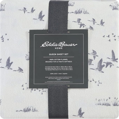 Eddie Bauer - Flannel Sheets Queen Size, Anti-Pilling & Wrinkle Resistant Cotton, Touchably Soft for All-Season Comfort - Bed Sheets with Matching Pillowcases & Fitted Sheet (Geese Meadow Yellow)