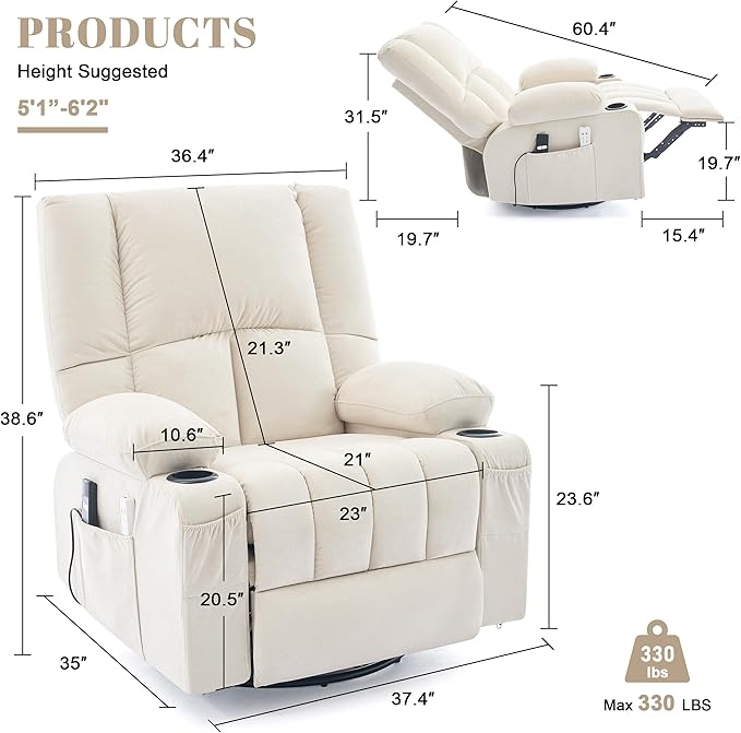 Swivel Rocker Chair with Heat and Massage, 270° Power Recliner Chairs for Adults, USB and Type-C Ports, Oversized Recliner Single Sofa, Electric Glider Chair(Beige)