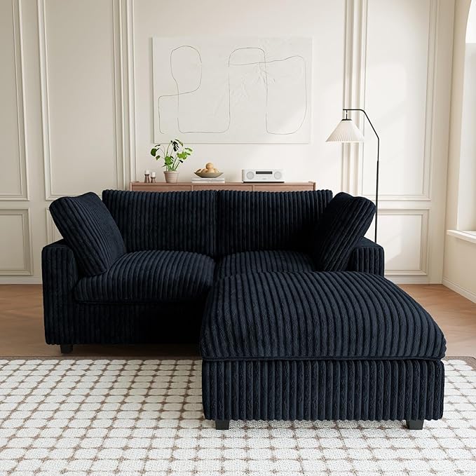 Modular Sectional Sofa, L Shaped Sofa with Ottoman, 78.74" Oversized Loveseat, Plush Deep Seat Sleeper Couches for Living Room, Apartment, Couch Cushion Covers Removable, Black