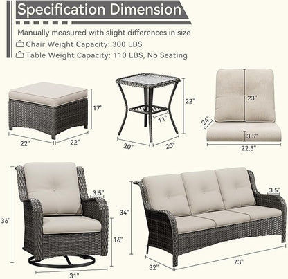 Wicker Patio Furniture Set 6 Piece, Outdoor Furniture Patio Conversation Set Includes 1 Three-Seat Sofa, 2 Swivel Rocker Chairs, 2 Ottomans and 1 Side Table,Beige