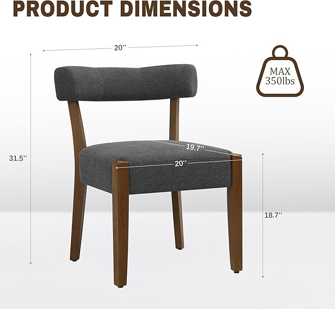 Modern Dining Chairs Set of 6, Walnut Upholstered Kitchen & Dining Room Chairs, Mid Century Wooden Dining Chairs Oversized Sturdy Fabric Rounded Chairs Curved Back, Dark Grey