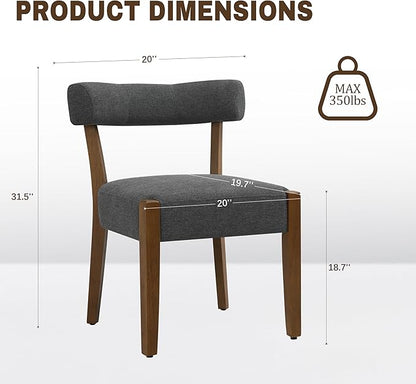 Modern Dining Chairs Set of 2, Walnut Upholstered Kitchen & Dining Room Chairs, Mid Century Wooden Dining Chairs Oversized Sturdy Fabric Rounded Chairs Curved Back, Dark Grey