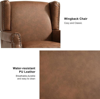 Accent Chair, Upholstered High Back Armchair with Nailhead Trim & Wood Legs, Comfy Wingback Reading Single Sofa Chair for Small Spaces, Living Room, Bedroom (Leather Brown, Set of 1)