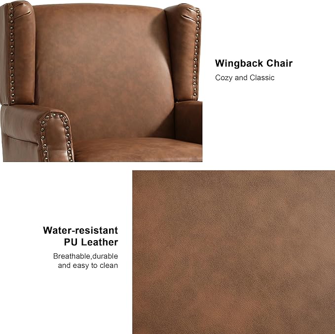 Accent Chair Set of 2, Upholstered Leather High Back Armchair with Nailhead Trim & Wood Legs, Comfy Wingback Reading Single Sofa Chair for Small Spaces, Living Room, Bedroom-Leather Brown, 2 SEAT