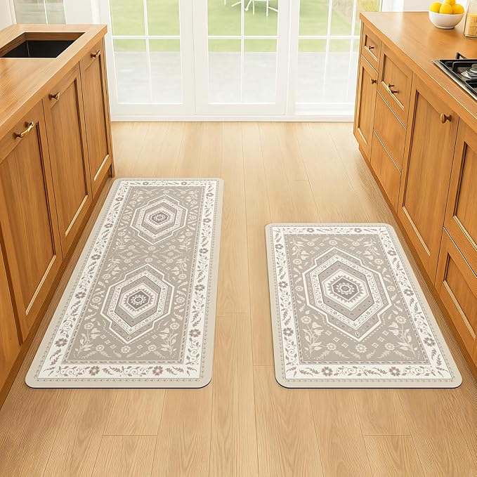 ArtyCozy 2 Piece Boho Kitchen Rug Set, Non-Slip Super Absorbent Kitchen Mats for Floor with Rubber Backing, Stain Resistant Runner for Hallway Laundry Holiday Decor, Khaki, 20" × 32'' Plus 20'' × 47''