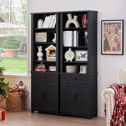 72in Tall Bookshelf 7 Tier Bookcase with Drawer and Barn Doors and Adjustable Shelves, Black Farmhouse Book Shelf with Storage Cabinet, Wood Freestanding Display Bookshelves for Kitchen (3PCS)