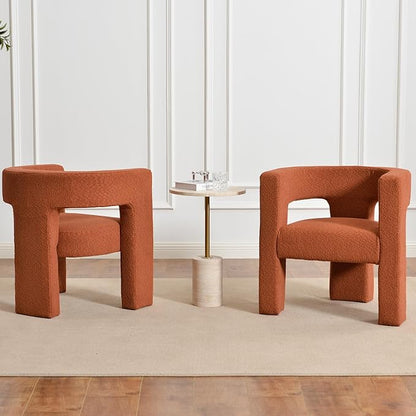 KINWELL 28" W Boucle Accent Chair Armchairs Set of 2, Upholstered Square Open-Back Barrel Chair, No Assembly Side Chair ArmChairs for Living Room Bedroom Lounge (Caramel)
