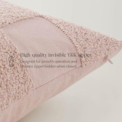 Double Stitch Checkered Throw Pillow Covers - 100% Cotton Tufted Boho Decorative Pillow Covers 20x20, Made in India, Square Cushion Case, Modern Home Decor for Couch, Sofa, Living Room, Pink Whisper