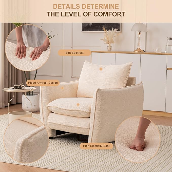Oversized Accent Chair, Modern Single Sofa Cloud Chairs with Removable Pillow, Deep Seat Comfy Armchair for Living Room Bedroom Reading Nook - Upholstered Lounge Chair (Beige, Set of 2)