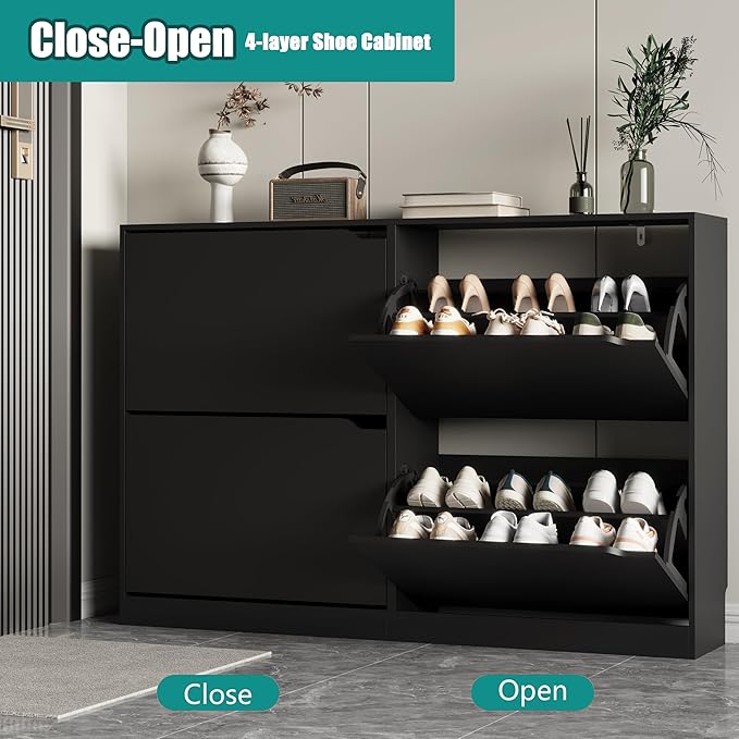 Shoe Storage Cabinet for Entryway with 4 Flip Drawers, Sturdy Wood Hidden Shoe Storage, Freestanding Narrow Slim Shoe Organizer for Front Door Entrance, Living Room, Hallway, Bedroom, Black