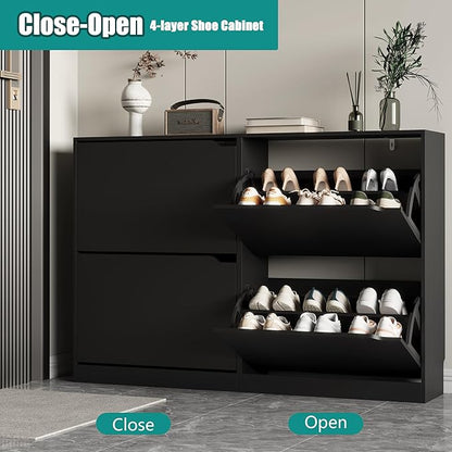 Shoe Storage Cabinet for Entryway with 4 Flip Drawers, Sturdy Wood Hidden Shoe Storage, Freestanding Narrow Slim Shoe Organizer for Front Door Entrance, Living Room, Hallway, Bedroom, Black