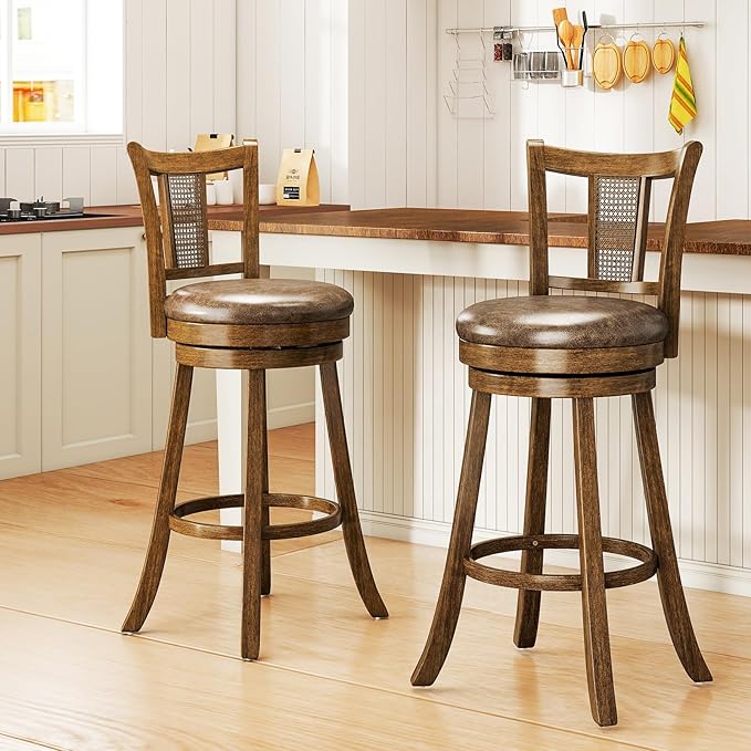COSTWAY Barstools Set of 2, 30” Solid Rubber Wood Swivel Bar Chairs with Faux Leather Seat, Curved PE Rattan Back, for Living Room & Kitchen Island, Brown (2, 30” Seat Height)