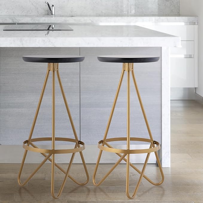 JONATHAN Y BSL1000C Spiroa 30" Modern Industrial Metal Backless Circular Bar Stool for Home, Kitchen, Dining Room, Workspaces, Cafes and Resturants, Black Seat with Gold Frame