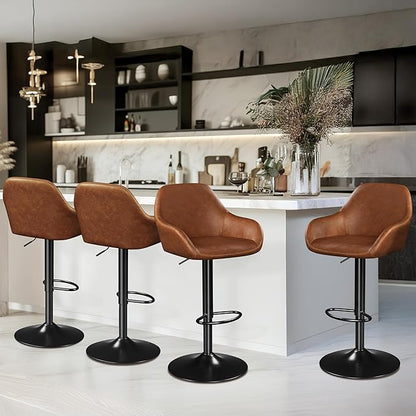 Yaheetech Bar Stools Set of 4, PU Leather Swivel Counter Height Barstools, Adjustable Bar Chairs with Backrest and Footrest, Kitchen Island Stool for Home Kitchen, Retro Brown