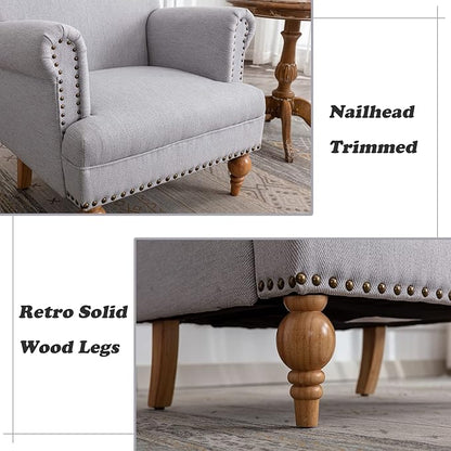Linen Accent Chair Mid-Century Modern Living Room Armchair with Nailhead Trim & Wood Legs Comfy Upholstered Single Sofa Chair for Lounge/Bedroom/Reception, Grey