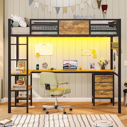 ADORNEVE Loft Bed Twin Size with L-Shaped Desk, LED Lights,Charging Station, Twin Metal Loft Bed Frame with Fabric Drawers & Shelve, 13.4" H Safety Guardrail, No Box Spring Needed, Rustic Brown