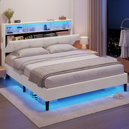 Queen Bed Frame with Storage Headboard and RGB LED Lights, Velet Upholstered Platform Bed Frame Queen Size with Type-C & USB Charging Station, Stable Easy Assembly,Creamy White