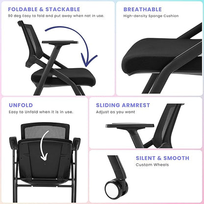 2 Pack Stackable Conference Room Chairs with Wheels and Paddle, Ergonomic Mesh Back and Arms for Meeting, Conference, Reception, Training Room & Home Office Desk Folding Chairs