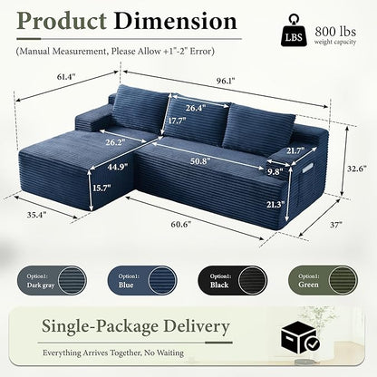 96''Sectional Couches for Living Room,Modern Modular Sectional Sofa,Upholstered Boneless Couch with Pockets,Comfy Cloud Couch with L Shaped Chaise (Blue, 96''W Left Facing Chaise)