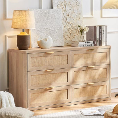 LEYAOYAO Rattan 6 Drawer Dresser for Bedroom Set of 2, Boho 54" Wide Natural Wood Dresser Chest of Drawers, Dressers TV Stand with Metal Handle, Storage Dressers Closet Organizer for Living Room