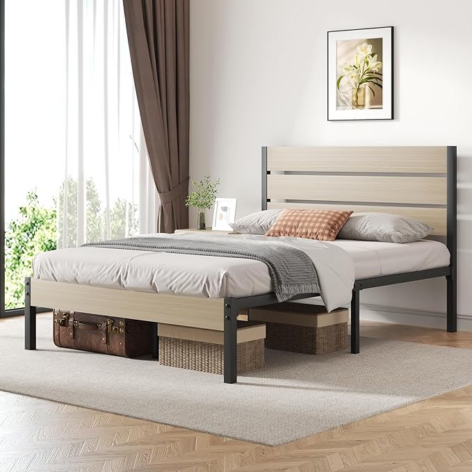 Full Bed Frame with Headboard and Footboard, with Under Bed Storage, All-Metal Support System, No Box Spring Needed, Easy Assembly, Beige