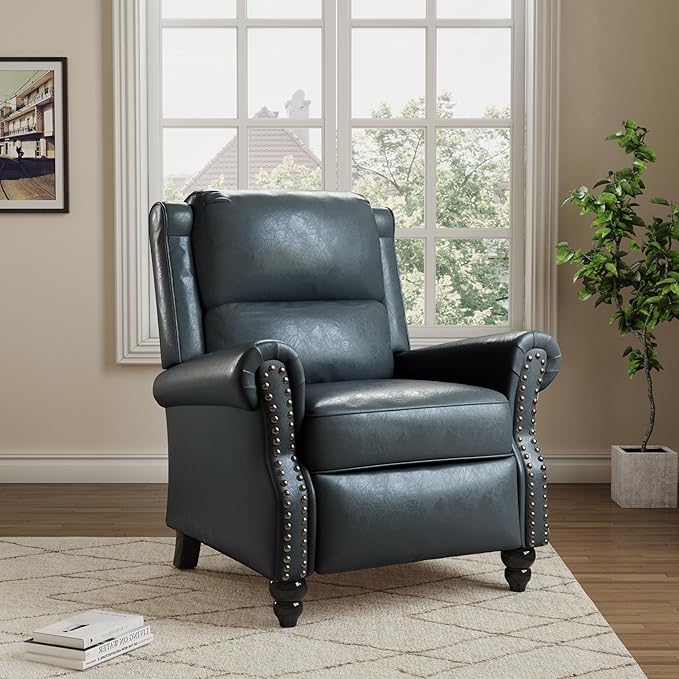 Pushback Recliner Chair, Faux Leather Wingback Recliner Chair, Upholstered Armchair Push Back Recliner with Wood Legs, Rivet Trim Single Sofa Accent Chair for Living Room, Bedroom, Navy