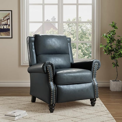 Pushback Recliner Chair, Faux Leather Wingback Recliner Chair, Upholstered Armchair Push Back Recliner with Wood Legs, Rivet Trim Single Sofa Accent Chair for Living Room, Bedroom, Navy