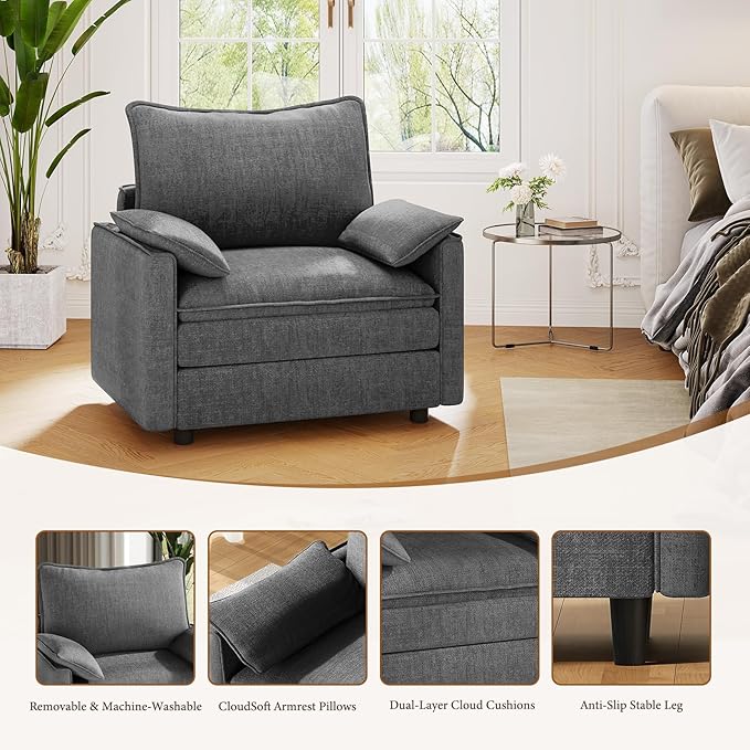 Vesgantti 40" Single Seat Sofa, Comfy Cloud Couch Deep Seat Upholstered Couch Chenille Modern Sofa with Armrest Pillow, Easy Assembly for Living Room, Bedroom and Apartment, Gray