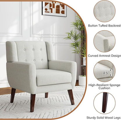 Accent Chair, Modern Fabric Armchair for Living Room, Comfy Upholstered Arm Chair Tufted for Indoor Bedroom Office Room (Beige)
