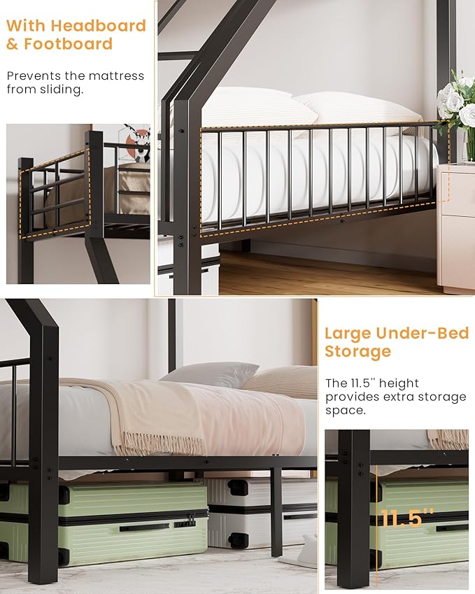 Twin XL Over Queen Bunk Bed, Heavy Duty Bunk Bed with EVA Padded Ladder and Full-Length Guardrails, Metal Queen Bed Frame with Slats Support for Adults, Teens, Kids, Black