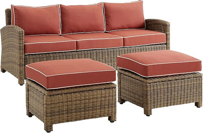 Crosley Furniture Bradenton 3-Piece Outdoor Sofa Patio Furniture Set, Wicker Conversation Sets for Porch, Brown with Sangria Cushions