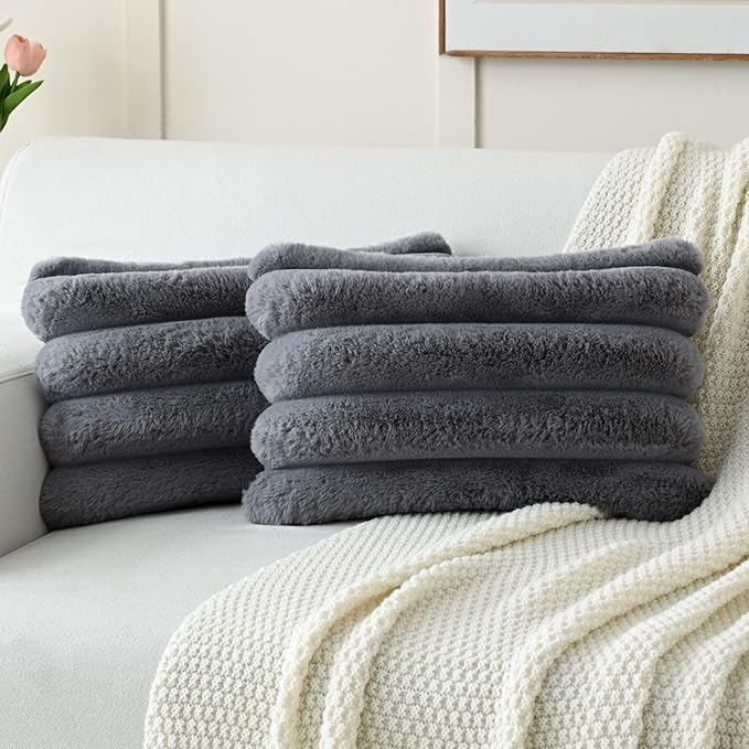 FUTEI Grey Decorative Throw Pillow Covers 12x20 Inch Set of 2, Square Soft Faux Rabbit Fur Thick Striped Lumbar Pillow Case,Winter Home Decor for Couch Bed Living Room