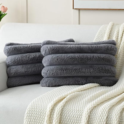 FUTEI Grey Decorative Throw Pillow Covers 12x20 Inch Set of 2, Square Soft Faux Rabbit Fur Thick Striped Lumbar Pillow Case,Winter Home Decor for Couch Bed Living Room